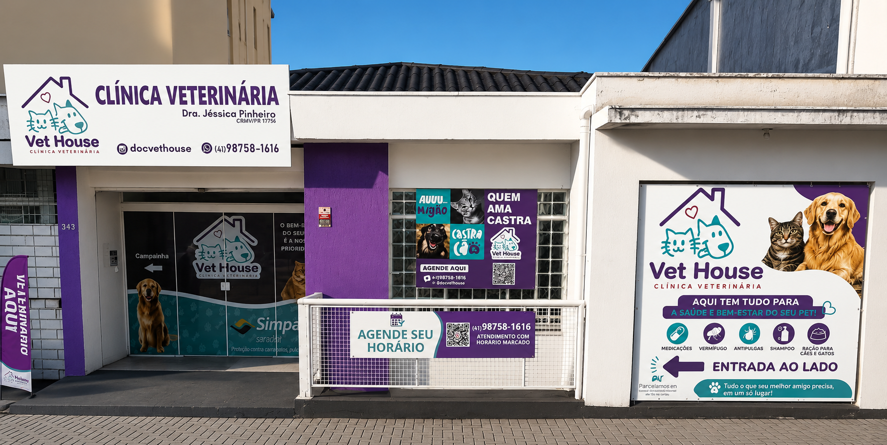 Fachada da Vet House Clínica Veterinária na Av. Winston Churchill, 1333, Capão Raso, Curitiba